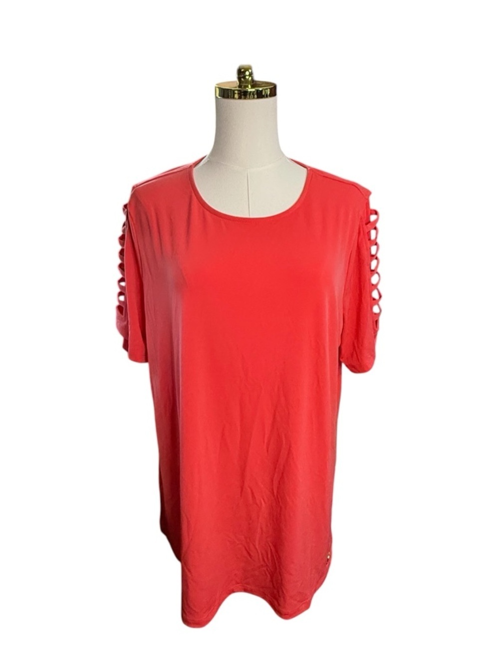 MICHAEL Michael Kors Sea Coral Short-Sleeve Crewneck Tee with Cut Out Sleeves 1X